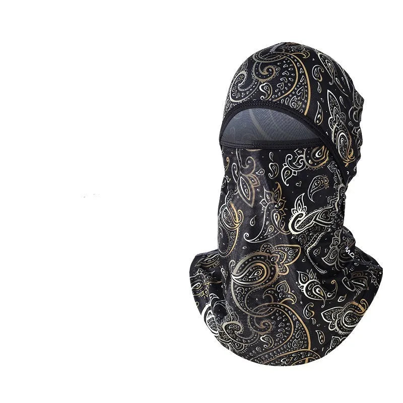Motorcycle head cover with gloves in patterned grey street style for autumn winter travel