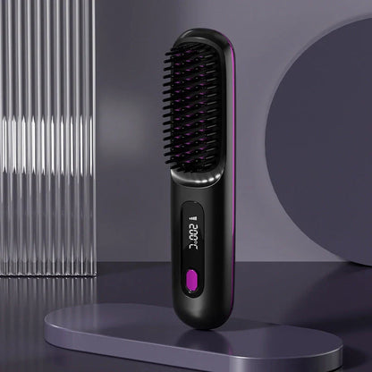 Wireless Hair Straightener Brush with fast heating, portable design, and USB charging