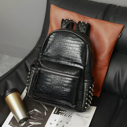 Black men's waterproof computer schoolbag with oil wax leather and rivet detailing.