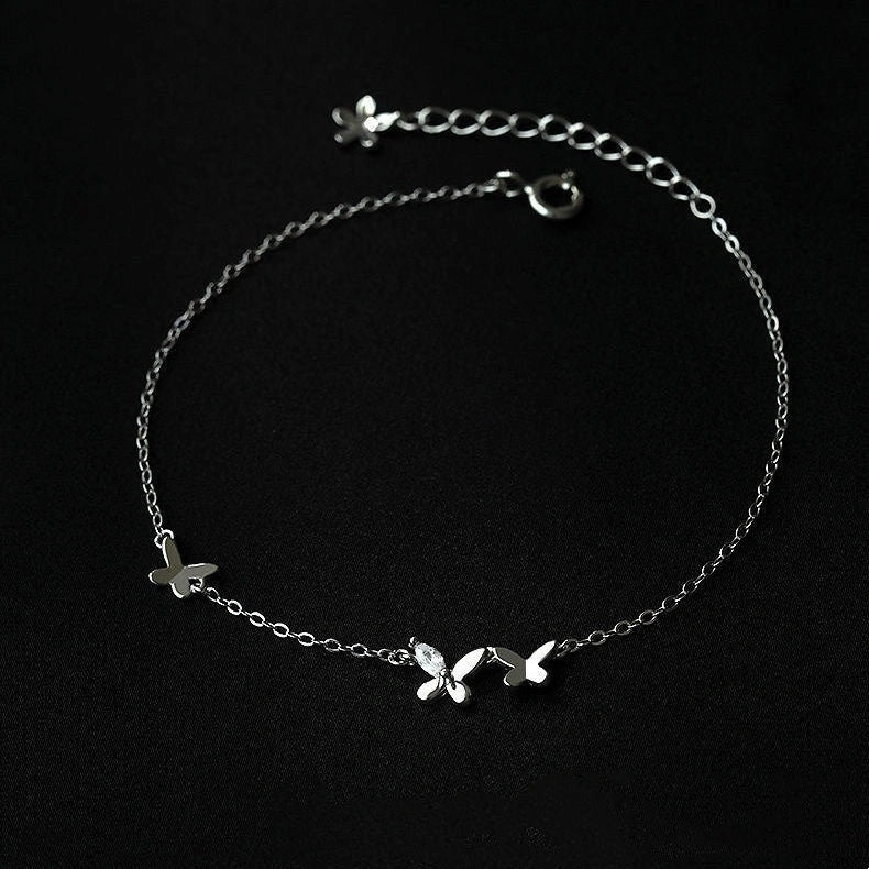 Elegant S925 Sterling Silver Butterfly Anklet with Zircon Stones and Flower Tassel