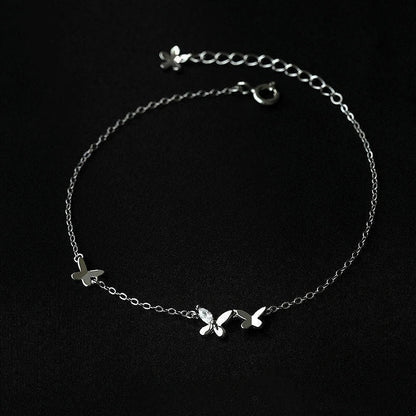 Elegant S925 Sterling Silver Butterfly Anklet with Zircon Stones and Flower Tassel