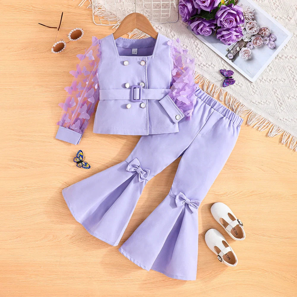 Girls' mesh sleeve top and bell-bottom pants suit in solid colour, sizes 2-8 years, with polyester fabric