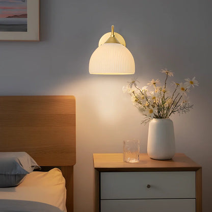 Gold and white postmodern glass table lamp with frosted shade on iron base