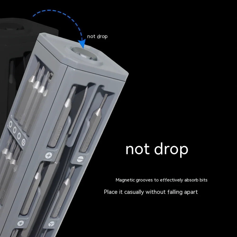 44-piece screwdriver set with S2 alloy steel bits in 37mm x 37mm x 150mm storage case