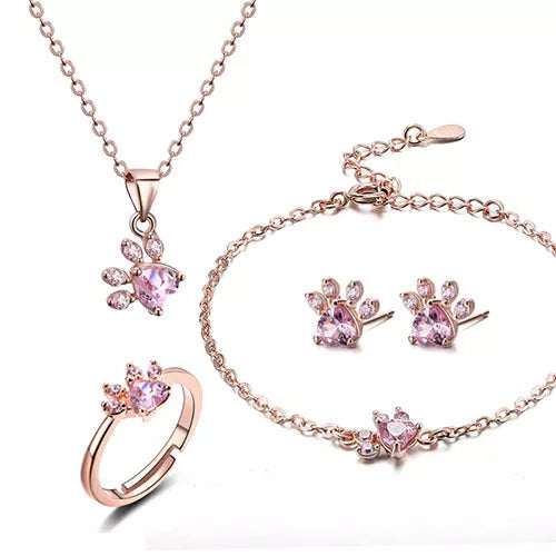 Women's cat bear dog paw jewelry set with white CZ stones in rose gold and white K
