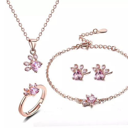 Women's cat bear dog paw jewelry set with white CZ stones in rose gold and white K