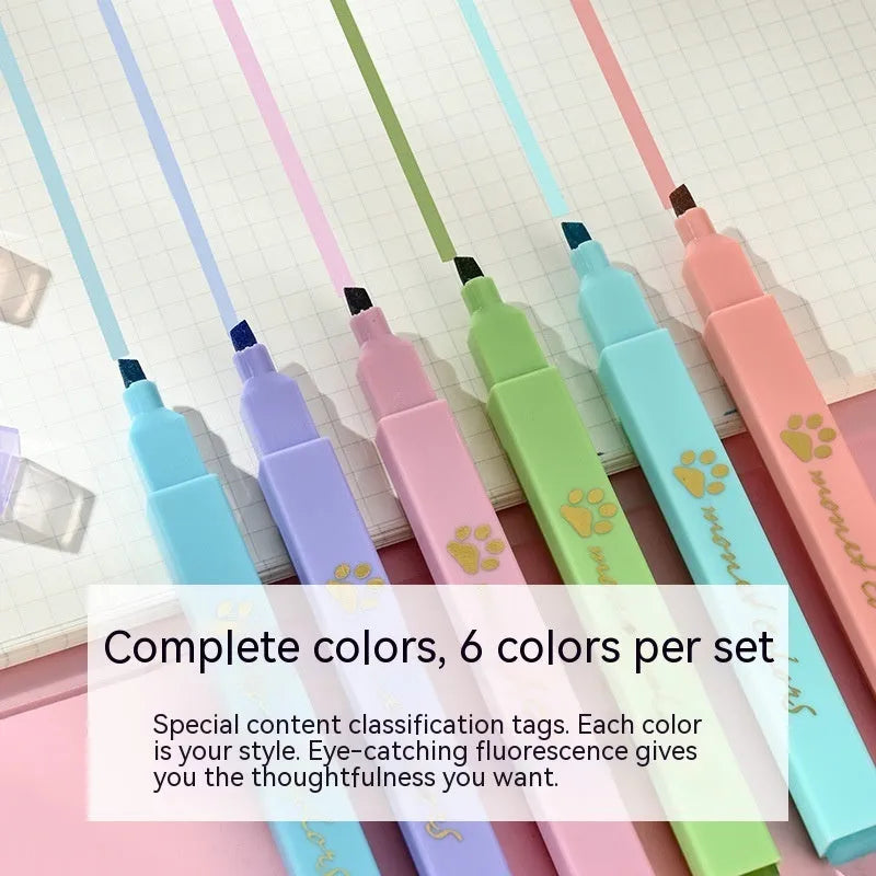Cat's Paw fluorescent marking pen gift set, box open showing six pens with oblique heads.