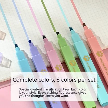 Cat's Paw fluorescent marking pen gift set, box open showing six pens with oblique heads.