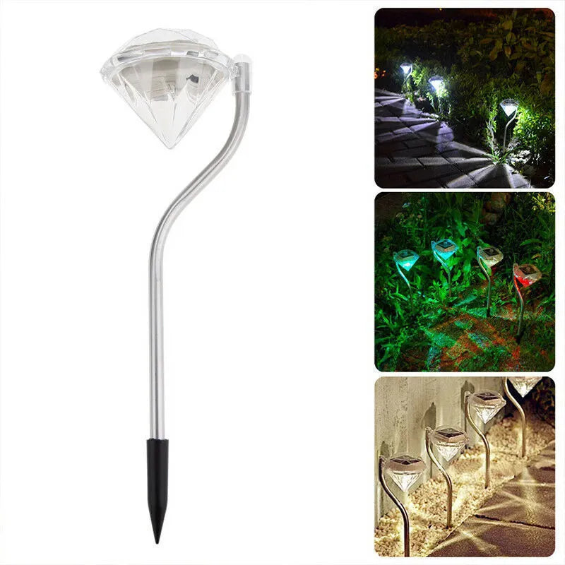 Solar powered garden diamond light with adjustable angle and IP55 waterproof rating for outdoor use