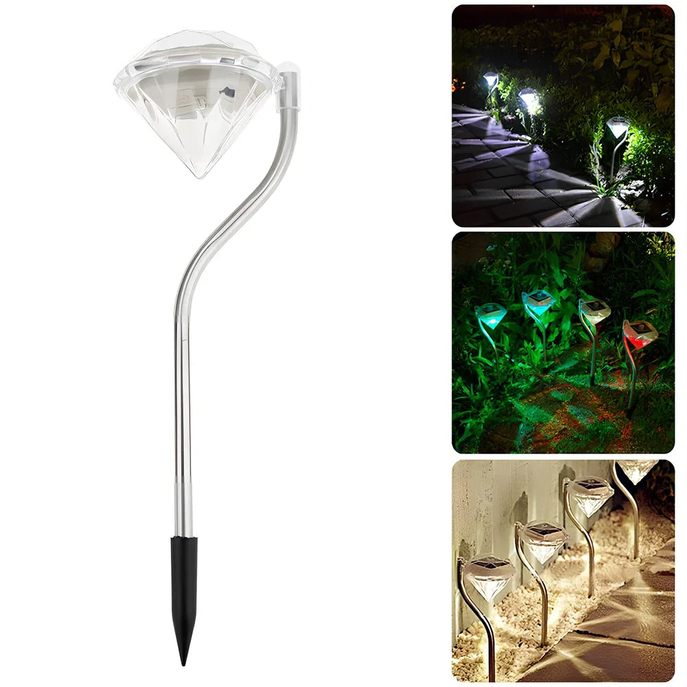 Solar powered garden diamond light with white and multicolor LED options for outdoor illumination