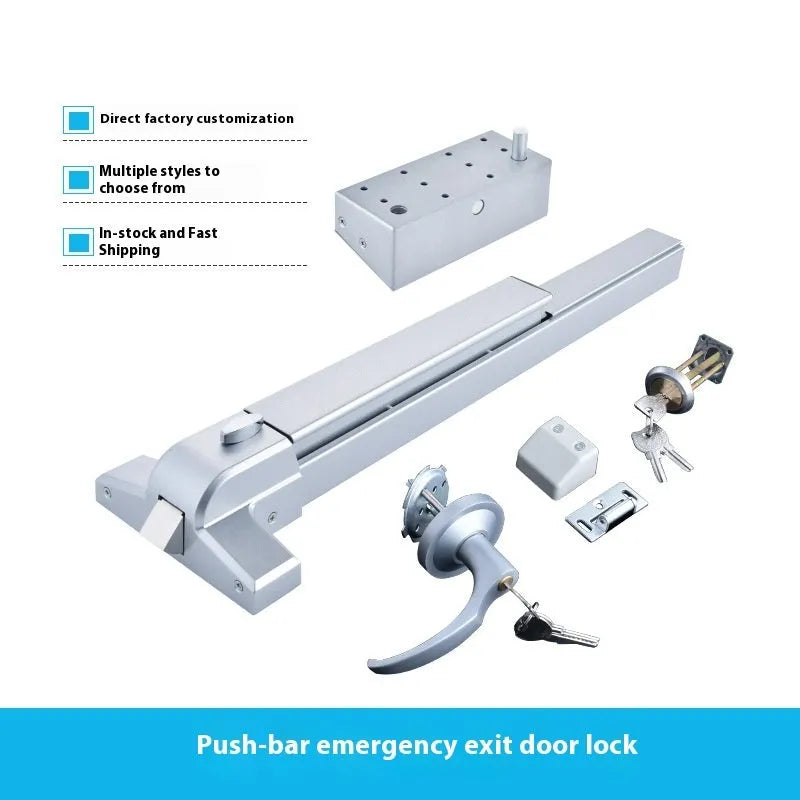 Stainless steel fire safety door push lock with external handle for 65cm single doors.