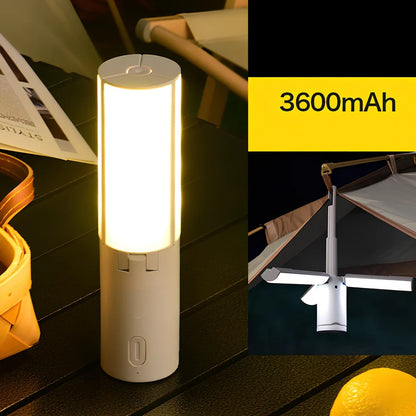 Folding camping light shown in expanded and collapsed positions with USB charging cable