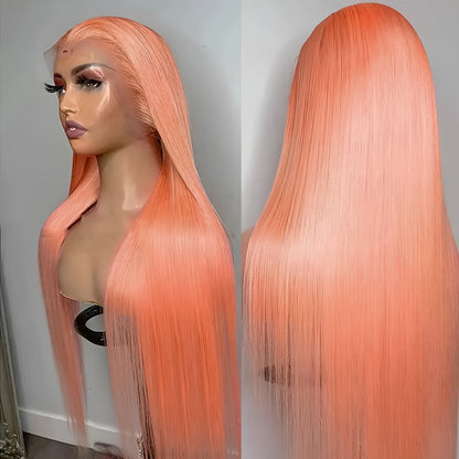 Light orange long straight synthetic lace front wig with a side fringe, shown on a mannequin head.