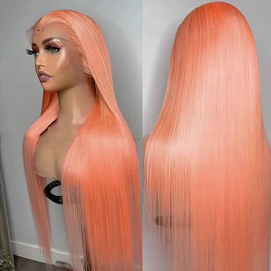 Light orange long straight synthetic lace front wig with a side fringe, shown on a mannequin head.