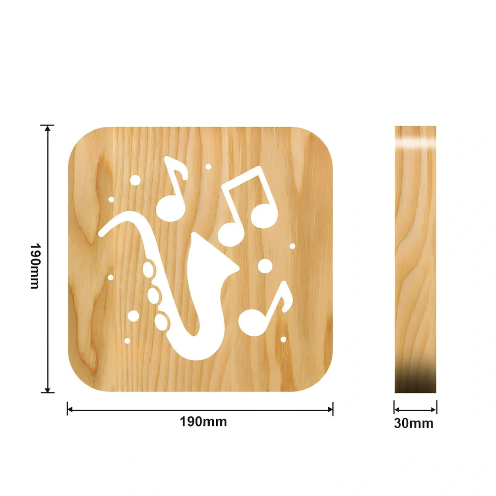 Wood-carved music instrument LED night light with USB cable showing guitar, saxophone, and violin designs