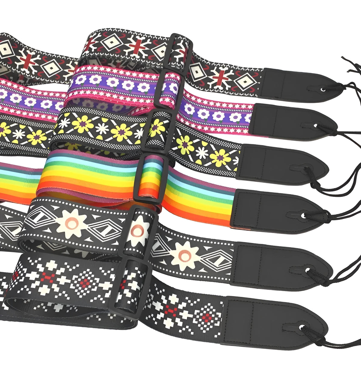 Printed cloth guitar shoulder strap showing eight different graphic design options