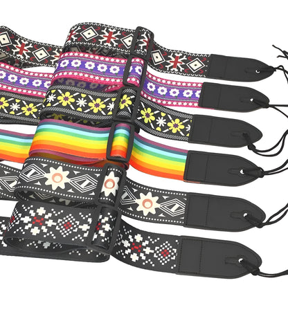 Printed cloth guitar shoulder strap showing eight different graphic design options