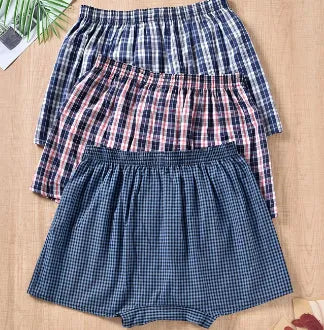 Men's cotton loose boxer shorts plus size mid waist breathable in blue, black and white plaid, red plaid