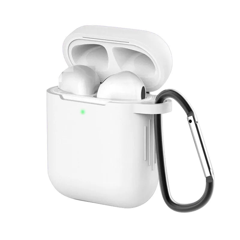 Liquid silicone protective clamshell case for Apple AirPods, shown in multiple colours on a white background.