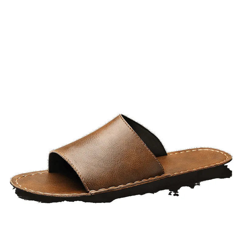 Men's brown leather casual sandals with a rubber sole, shown from the side.
