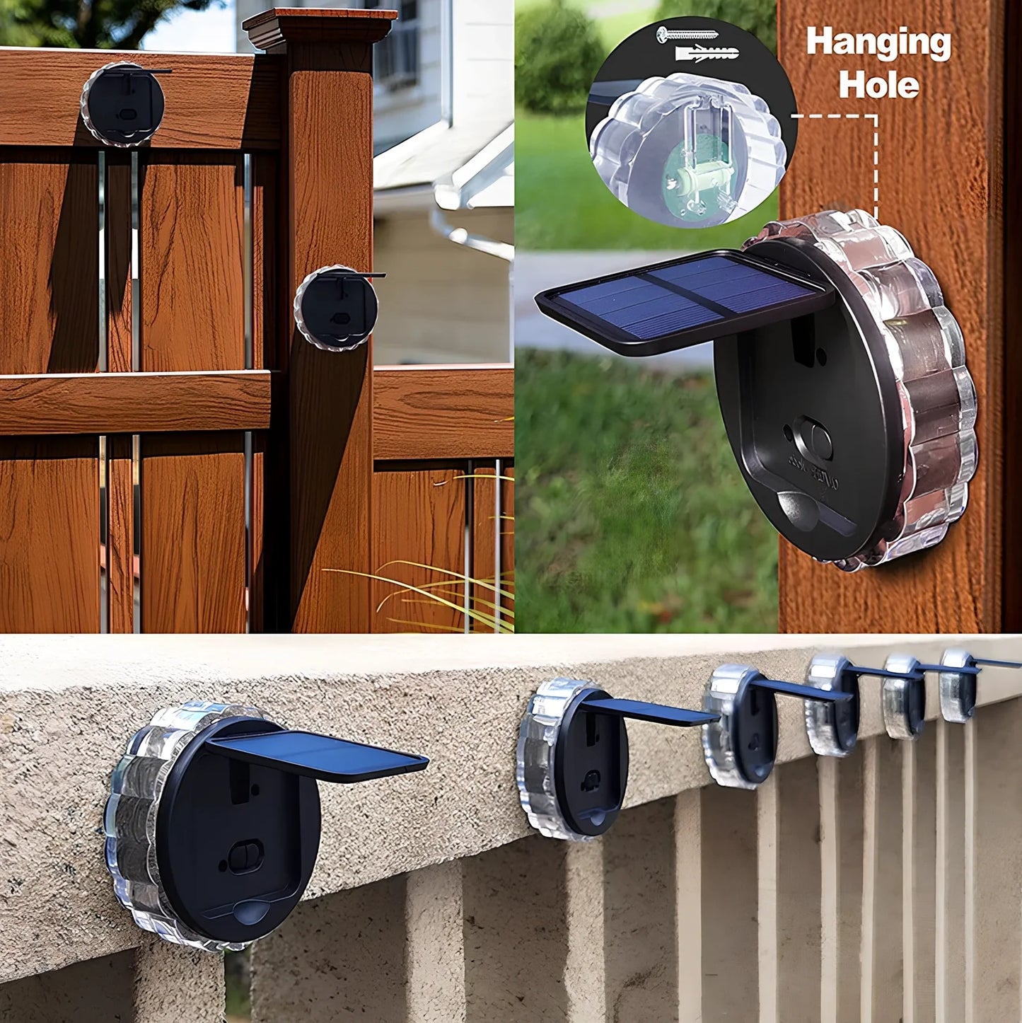 Round solar garden wall light with 9 LED lights mounted on wooden fence
