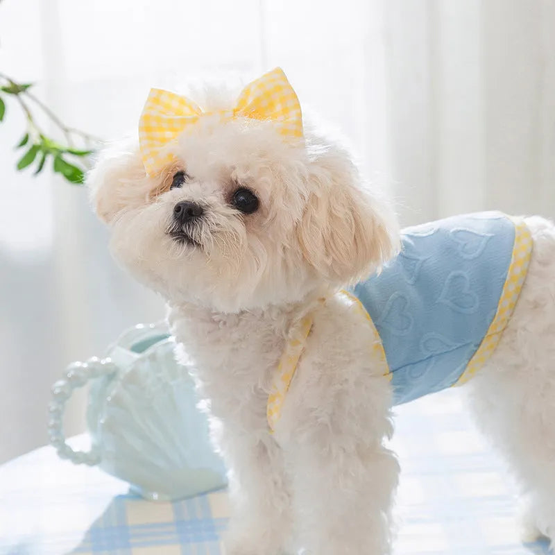 Small dog wearing blue elastic vest with suspenders and bow detail, showing stretch fit