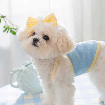 Small dog wearing blue elastic vest with suspenders and bow detail, showing stretch fit