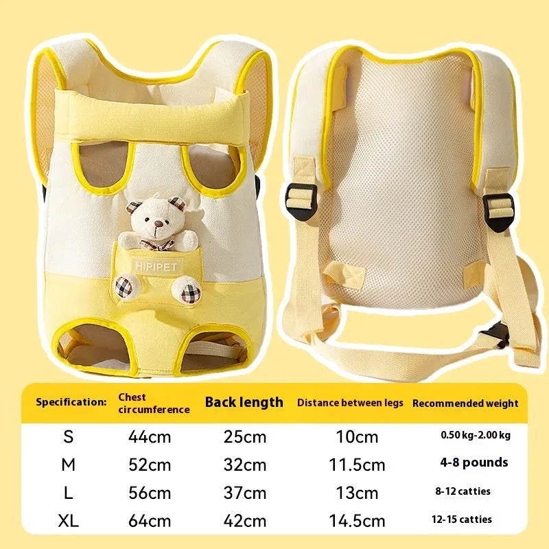 Canvas cat carrier backpack with animal bear print and ribbon trim for small pets.