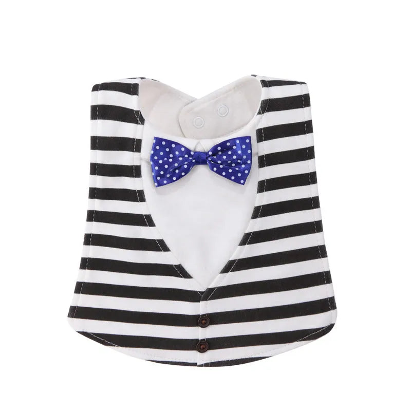 Adjustable baby bow tie bib in four-layer waterproof design, free size, shown in a choice of colour prints