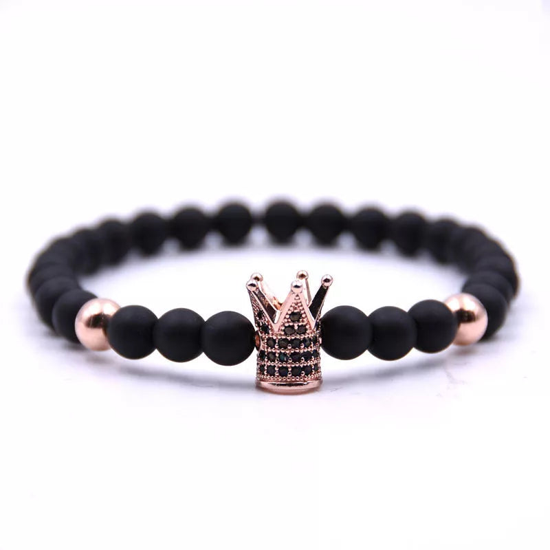 Micro-inlaid crown 6mm matte black and copper bead bracelet with zircon inlays