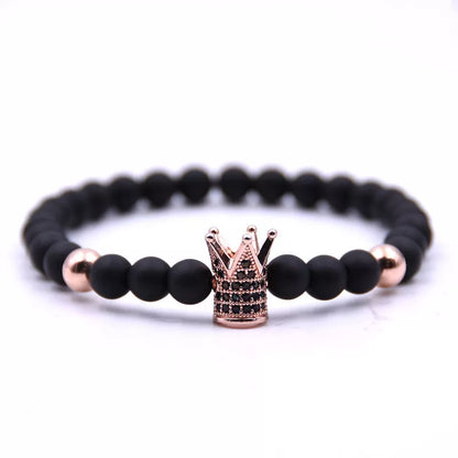 Micro-inlaid crown 6mm matte black and copper bead bracelet with zircon inlays