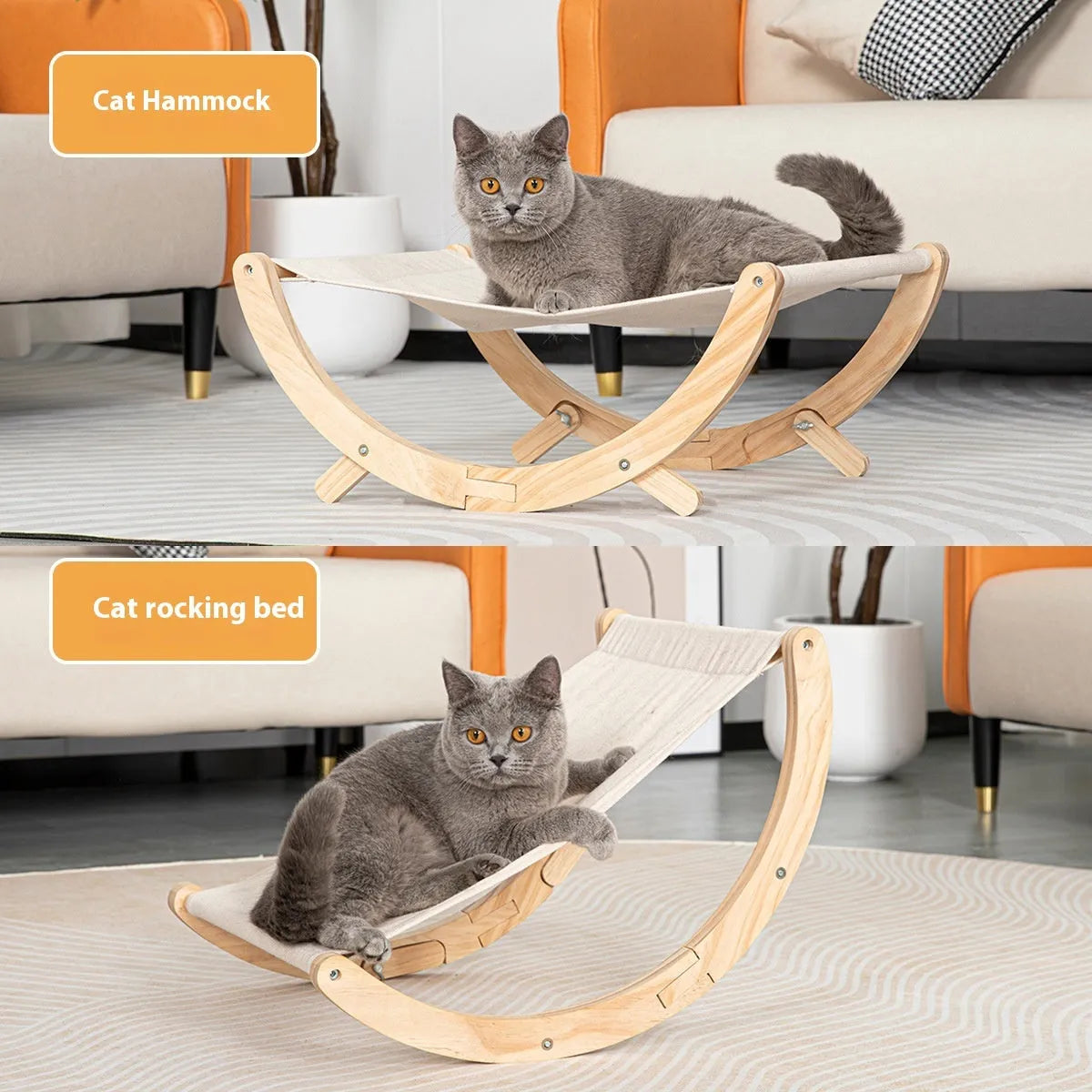 Solid wood foldable cat shaker bed hammock with a choice of canvas or plush top.