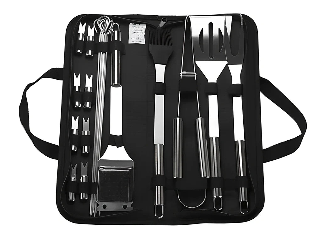10-piece stainless steel BBQ tool set with shovel, knife, clip, strings, fork, brush in storage bag