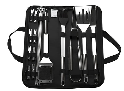 10-piece stainless steel BBQ tool set with shovel, knife, clip, strings, fork, brush in storage bag