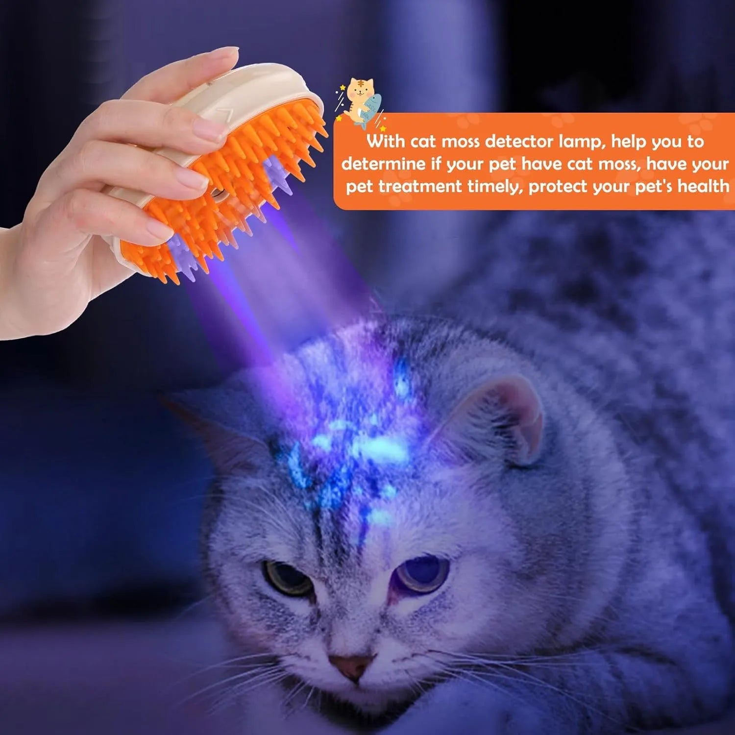 Yellow cat steam brush with silicone teeth, water spray, and ringworm detector lamp for pet grooming