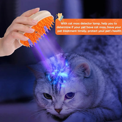 Yellow cat steam brush with silicone teeth, water spray, and ringworm detector lamp for pet grooming