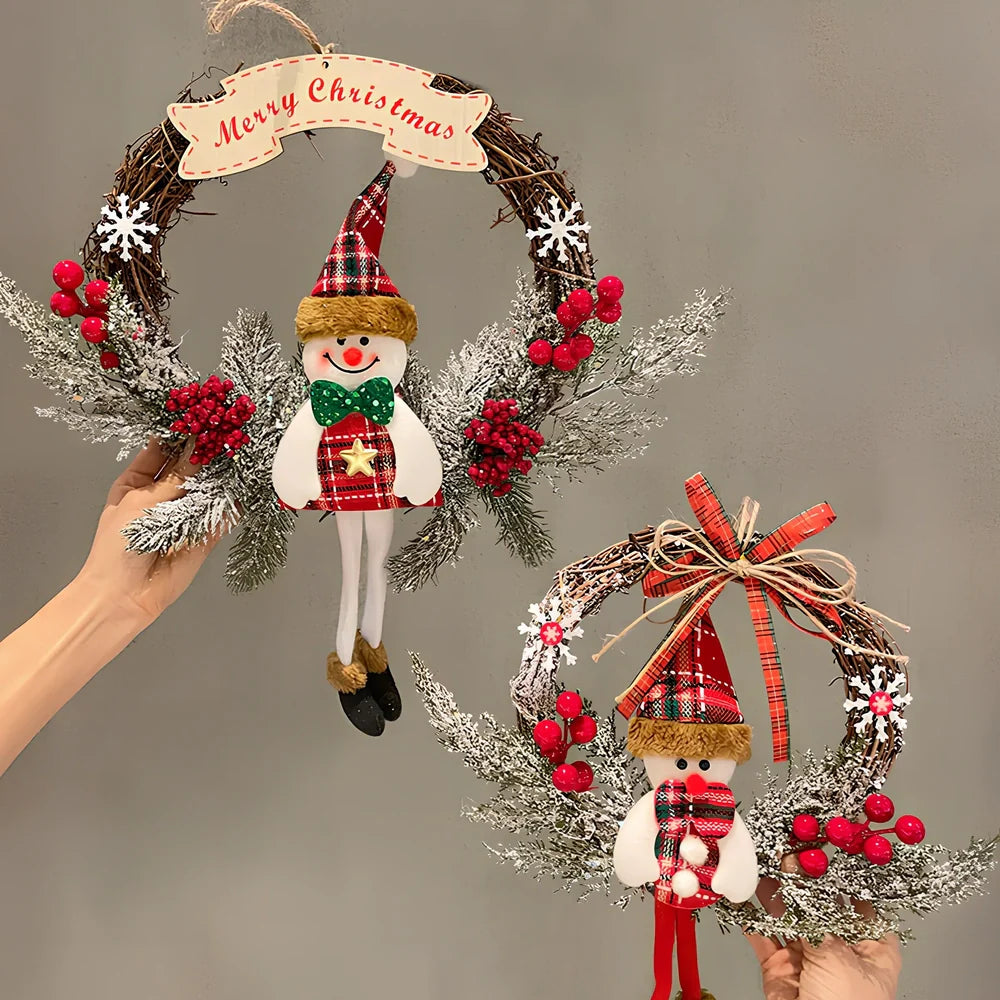 Wooden Christmas rattan ring with Santa Claus bow pendant, 21cm diameter natural decoration