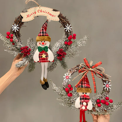 Wooden Christmas rattan ring with Santa Claus bow pendant, 21cm diameter natural decoration