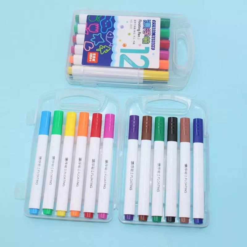 Children's Magic Water Floating Pen set with 12 vibrant, erasable colors in a durable PVC box