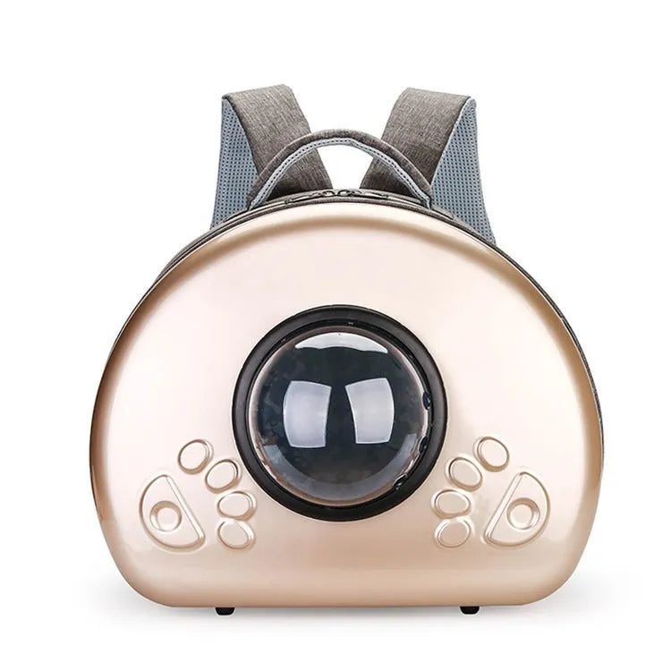 Transparent space capsule cat carrier with metallic front cover in choice of rose gold, silver, or champagne gold