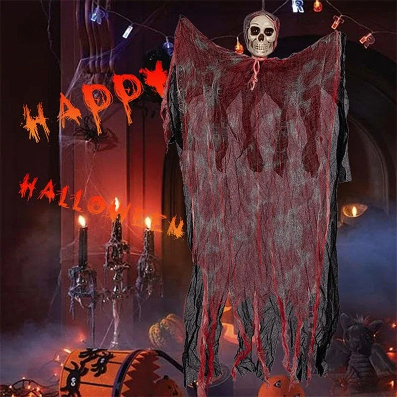 Halloween hanging ghost pendant with blood-dyed skull and wavy cloth for scary decor