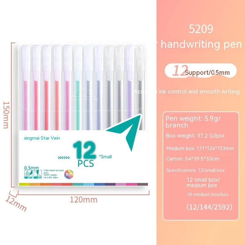 Boxed set of twelve coloured gel pens with 0.5 mm fine tips for journal and office stationery