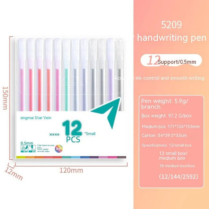 Boxed set of twelve coloured gel pens with 0.5 mm fine tips for journal and office stationery