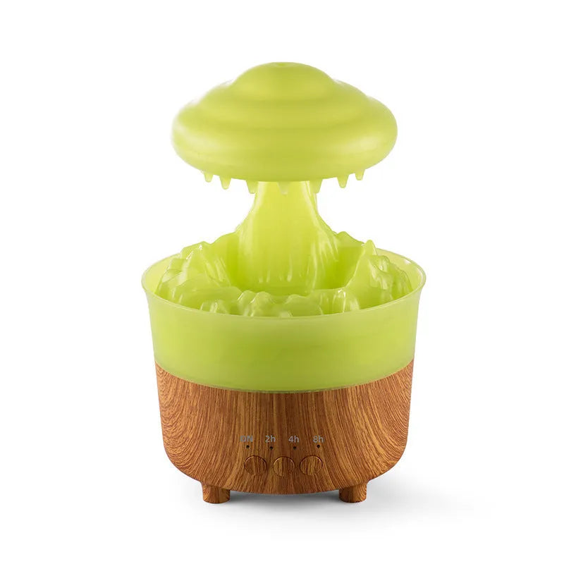 Wood grain cloud-shaped humidifier diffuser with coloured night light and water droplets