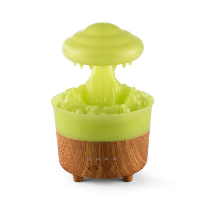 Wood grain cloud-shaped humidifier diffuser with coloured night light and water droplets