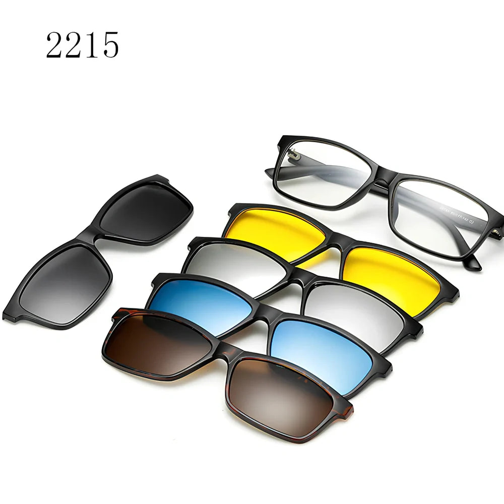 Magnetic sunglasses showing closure system with resin lenses and PC frame in multiple size options
