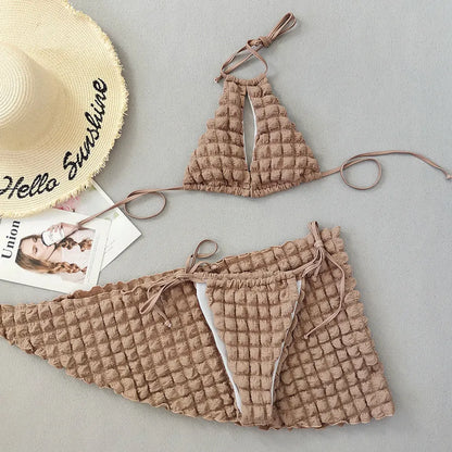Brown seersucker lace-up three-piece women's swimsuit bikini set with skirt.