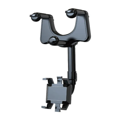 Black rearview mirror phone holder with 360-degree rotation and telescopic arm extended