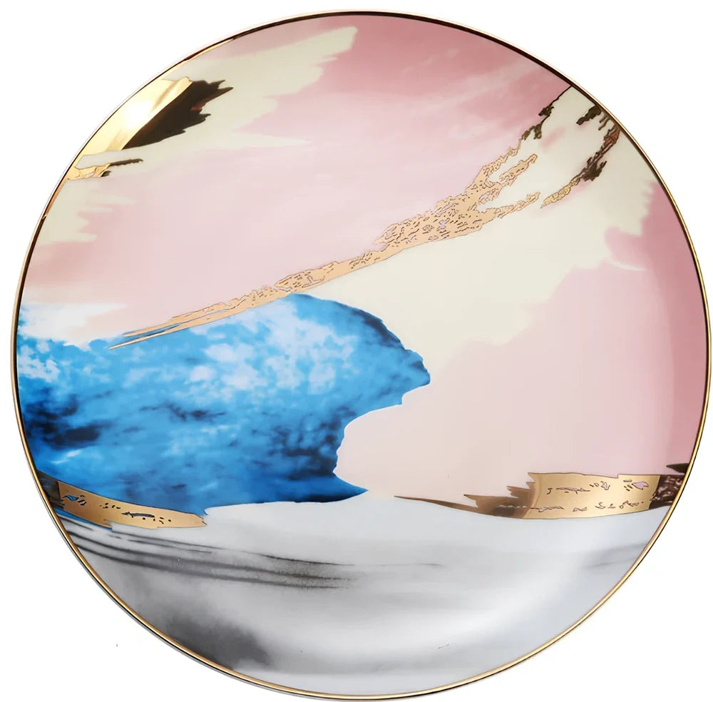 Watercolor dessert plates set in pink with 26.5 cm diameter, 45% bone china, real gold edges on handmade porcelain