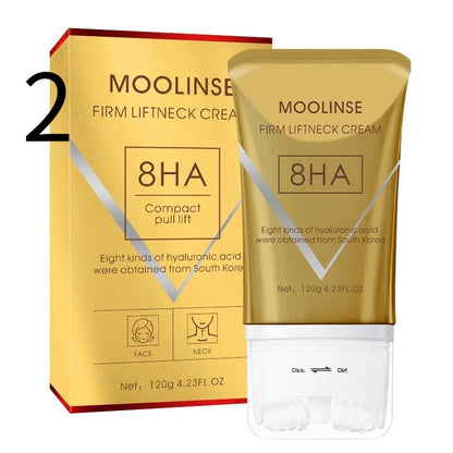 Neck moisturising cream tube with a massage roller applicator for dry skin care.
